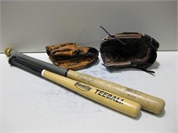 Two Wilson Baseball Gloves & Bats