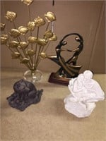 4 LARGE SCULPTURES: MARBLE, METAL FISH ON LUCITE,