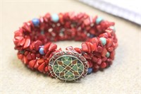 Sterling Enamel Coral Turquoise Elastic Bracelet