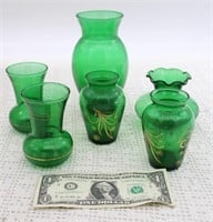 (6) VARIOUS SIZE FOREST GREEN VASES