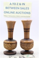 HAND CARVED & ETCHED WOODEN VASE PAIR