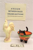 POTTERY ROOSTER & DECORATED CAT BOWL