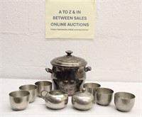 (6) ENGLISH PEWTER CUPS, ICE BUCKET,ETC