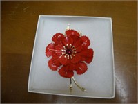 CORO Vtg Red Flower Metal Brooch