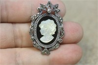 Sterling Marcasite Mother of Pearl Cameo Pendant