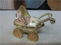 Enamel Jeweled Baby Stroller Hinged Trinket box