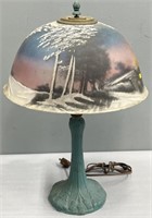 Reverse Painted Glass Shade & Spelter Lamp