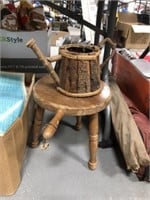 WOODEN STOOL AND WOODEN PITCHER