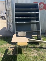 METAL SHELF AND SCHOOL DESK