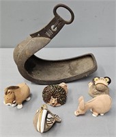 Antique Japanese Iron Stirrup & Clay Animals
