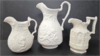 3 Antique Staffordshire Relief Molded Pitchers