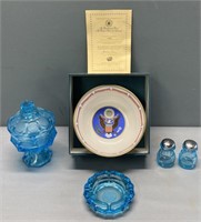 Presidential Porcelain Bowl & Blue Glass Lot