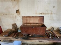 WOODEN INDUSTRIAL TOOL BOX W/ CONTENTS