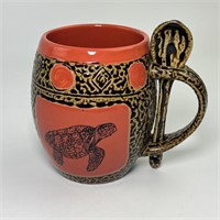 Pottery Mug with Spoon Sea Turtle Motif