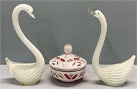 Art Glass Swans & Bohemian Overlay Box