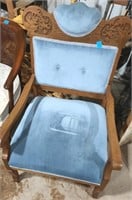 Antique Wood Arm Chair Blue Crushed Velvet