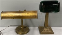 2 Brass Bankers Students Lamps incl Emeralite