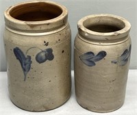 2 Antique Stoneware Crocks Blue Decorated