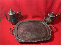 Serving platter and 2 tea pots