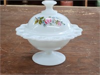 FLORAL MILKGLASS COVERED COMPOTE DISH