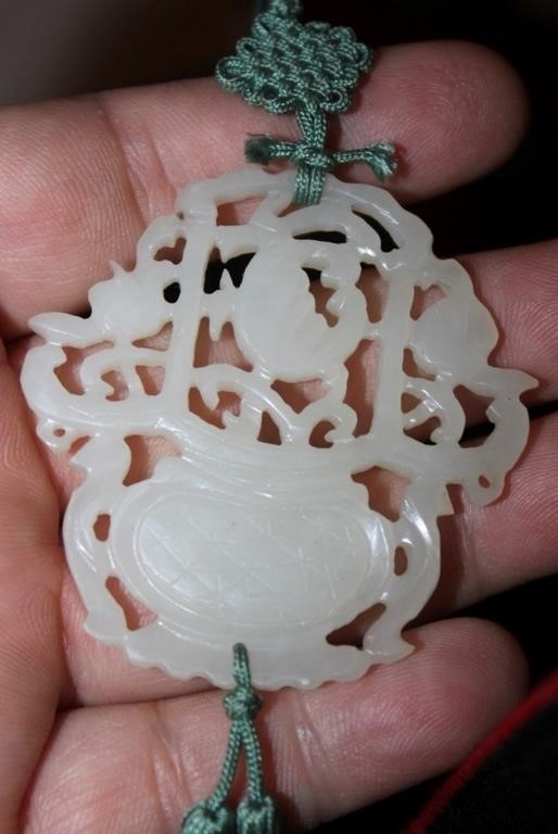 Antique Chinese White Jade Pendant with Tassle