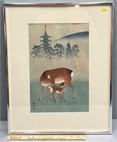 Japanese Woodblock Deer in Landscape