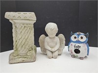 Concrete Angel, 10" , 12" Plant Stand & Owl Decor