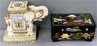 Chinese Porcelain Elephant & Lacquer Jewelry Box