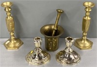 Brass Candlesticks; Morter & Pestle etc