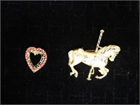 Rhinestone Carousel Horse Red Stone Heart Brooches