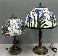 Pair Slag Glass & Cast Metal Lamps