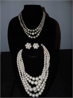 Three Strand Faux Pearls w/ Clip Earrings