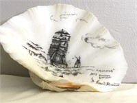 Large Antique Scrimshaw Shell Folk Art Signed