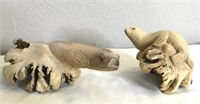 Vintage Carved Driftwood Seal & Fish Sculptures