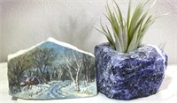 Sodalite Candle Holder & Painted Stone Winterscape
