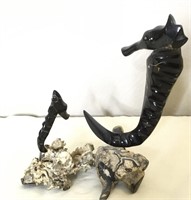 Rare Vintage Carved Black Coral Seahorse Family
