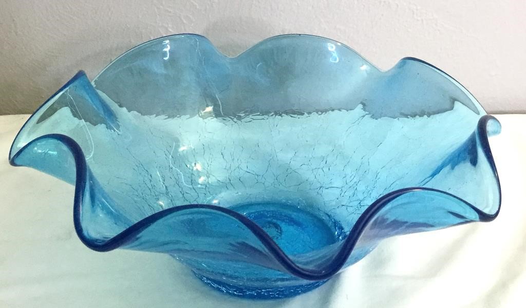 Vintage Blenko Crackle Glass Blue Fluted Rim  Bowl