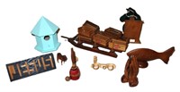 lot of vintage woodenware w carved dogs,birdhouse,