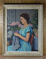 Framed Painting Lady in Blue w/ Floral