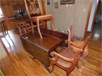 WOOD DROP LEAF DINING TABLE, 6 CHAIRS, 3 LEAVES