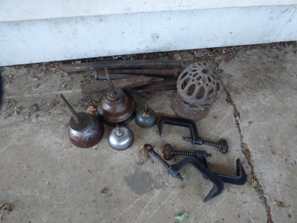 OLD OIL CANS, CHISELS,  CLAMPS