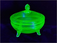 Mid Century Uranium Glass Candy 3 Footed Lidded