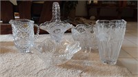 Crystal  basket, pitcher, vase & bowls