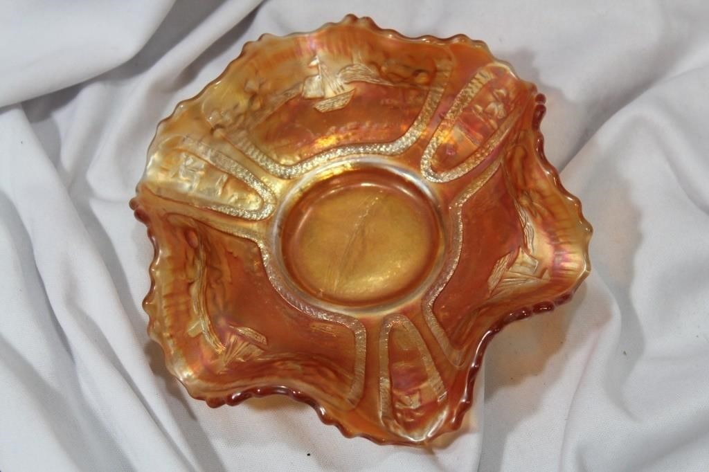 A Sailboat Motif Fenton Carnival Glass Bowl