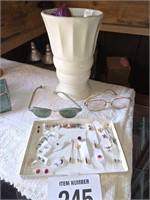 Earrings, stick pins, glasses & vase 9"