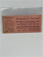 Vintage 1910 Masonic Picnic Ticket