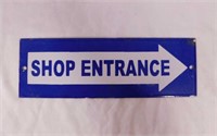 Newer Shop Entrance arrow porcelain sign, 12" x 4"