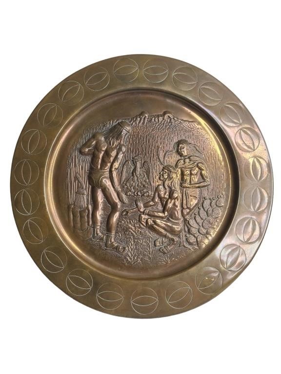 Vintage Brass Aztec Life Scene Decorative Plate