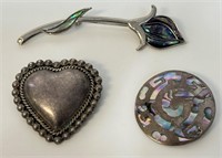 3 NICE VNTG STERLING BROOCHES INCL MOHTER OF PEARL