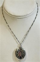 LOVELY ETCHED STERLING SILVER LOCKET & CHAIN
